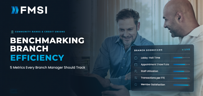 men talking, banking scorecard on right, text title on left