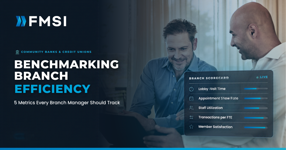 men talking, banking scorecard on right, text title on left